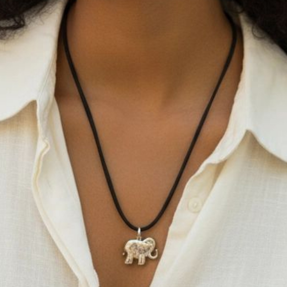 Vintage Medallion Cord Necklace Elephant Charm MCM Whimsical Animalcore Mod 60s
